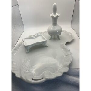 Vintage Maryland China Japan White Ironstone Vanity Set Art Nouveau Dresser Tray